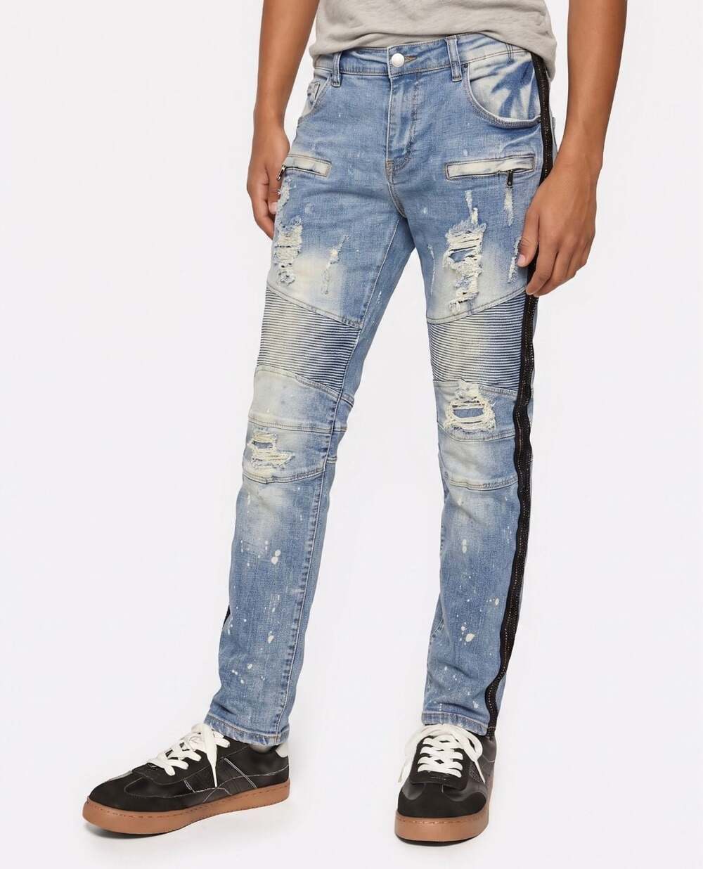 PREME Men's Moto Biker Distressed Paint Splatter Jeans w/ Side Stripe 40x34